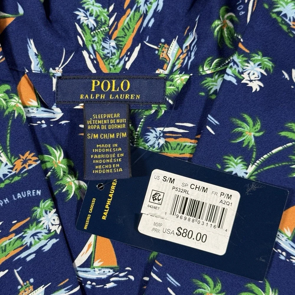 Polo Ralph Lauren Men's Size S / M Blue Tropical Sailboat Print 100% Cotton Robe